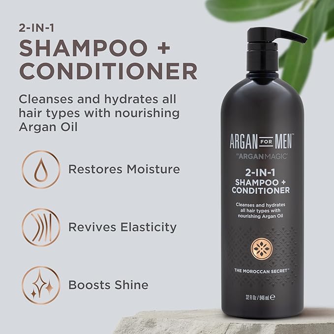 Argan Magic 2-in-1 Men's Shampoo + Conditioner with Argan Oil & Bergamot Scent - Cleanses and Hydrates All Hair Types, Restore Moisture, Boost Shine | Made in USA, Paraben Free, Cruelty Free (32 oz)