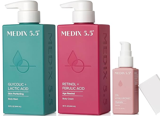 Medix 5.5 Anti Aging Skin Care 3PC Set | Retinol Body Cream + Exfoliating AHA Glycolic Acid Foaming Face Wash & Body Wash + Hyaluronic Acid Serum Booster, Cleanse + Treat + Hydrate Skincare Set, 3PC