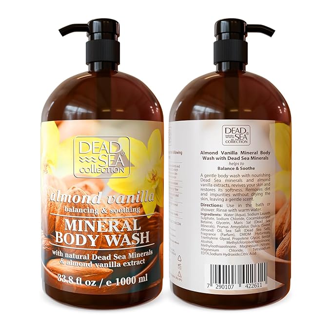 Dead Sea Collection Almond Vanilla Body Wash for Women and Men - with Pure Dead Sea Minerals and Sweet Almond Oil - Cleanses and Moisturizes Skin (33.8 fl. oz)