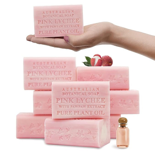 Australian Botanical Soap, 6.6 OZ, Pink Lychee and Pawpaw Extract, Triple Milled Bars made with a Natural Soap Base and Enriched with Organic Shea Butter, Pack of 8