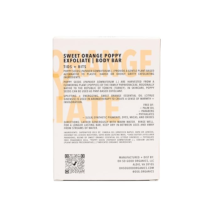 Natural Organic for Face and Body, Exfoliating & Moisturizing Soap Bar with Shea Butter, Coconut Oil and Essential Oils, 4oz Per Bar (Sweet Orange Poppy)