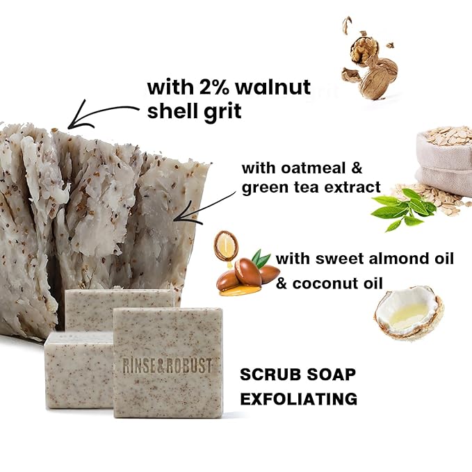 Rinse & Robust Mens Bar Soap Bath Bar Soap 3Pack Handmade Natural Soap Bar Set Cleansing Bar Moisturizing&Exfoliating Scrub Soap Gift Set for Men | Leather, Sandalwood, Teakwood | 3.5 oz of 3 Bars