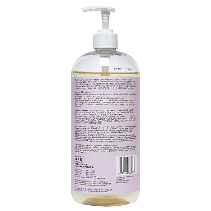 Dr. Natural Castile Liquid Soap, Lavender, 32 oz - Plant-Based - Made with Organic Shea Butter - Rich in Coconut and Olive Oils - Sulfate and Paraben-Free, Cruelty-Free - Multi-Purpose Soap