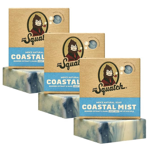 Dr. Squatch Natural Bar Soap for Men - Cold Process Soap with No Harsh Chemicals - Coastal Mist (5 oz, 3-Pack)