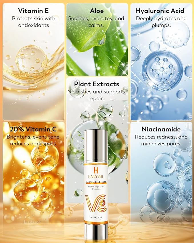 HANYWIL 20% Super Vitamin C Serum, Dark Spot Remover for Face, Hyaluronic Acid Total Package Serum, Targets Age Spots, Hydrates and Wrinkle Reduction 1.7fl oz