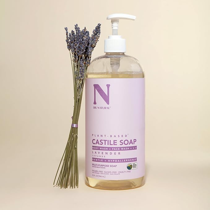 Dr. Natural Castile Liquid Soap, Lavender, 32 oz - Plant-Based - Made with Organic Shea Butter - Rich in Coconut and Olive Oils - Sulfate and Paraben-Free, Cruelty-Free - Multi-Purpose Soap