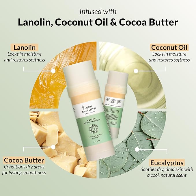 High Meadow Eucalyptus All Over Body Balm Stick - 2 oz | Deep Moisturizing Lanolin, Coconut Oil & Cocoa Butter Blend | Hydrates Dry Skin Naturally | Portable, Non-Greasy & Refreshing