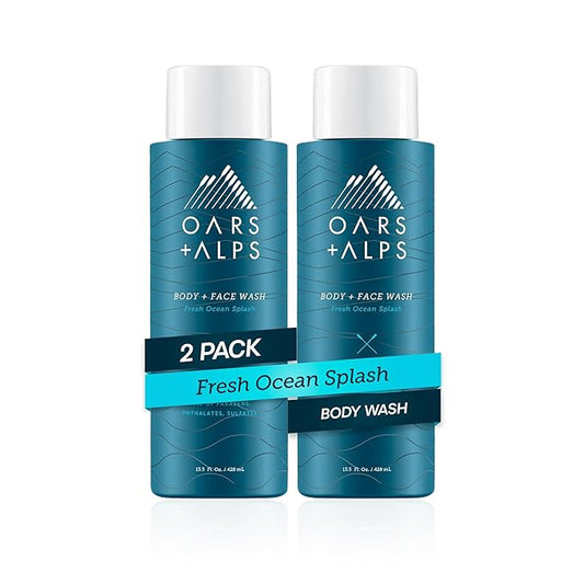 Oars + Alps Body Wash for Men, Mens Body Wash with Vitamin E and Antioxidants, Moisturizing, Hydrating, Paraben & Sulfate Free Cleanser, Fresh Ocean Splash, 2pk