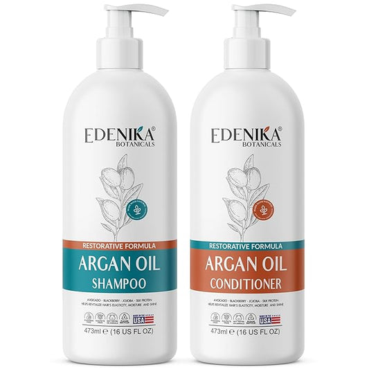 Argan Oil Shampoo & Conditioner with Biotin and Silk Protein, Deep Hair Hydrating & Nourishing, Sulfate-Free, Repairs Dry & Damaged Hair, Adds Shine & Detangles, 16 fl oz Each
