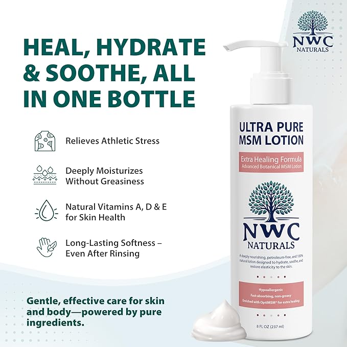 NWC Naturals UltraPure MSM Lotion All Natural Hypoallergenic ExtraHealing Nourishing Body Lotion by, 8 Fl Ounces