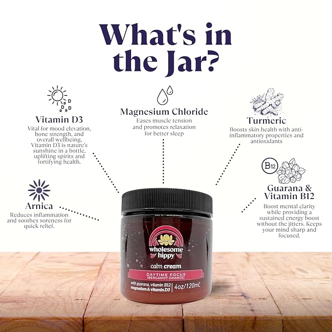 WHOLESOME HIPPY Daytime Focus Calm Cream – Energizing Body Butter with Magnesium, Vitamin B12, Guarana & Bergamot Orange – Moisturizing Wellness Cream for Daily Clarity – 4oz