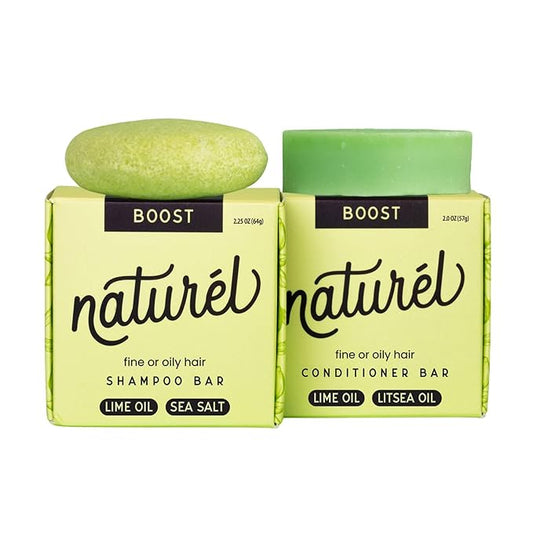 NATURL Boost Volumizing Shampoo and Conditioner Bar Set with Sea Salt and Lime Oil for Fine or Oily Hair, Free of Silicone, Paraben, Phthalate, Gluten, Citrus Scent, 2 Count