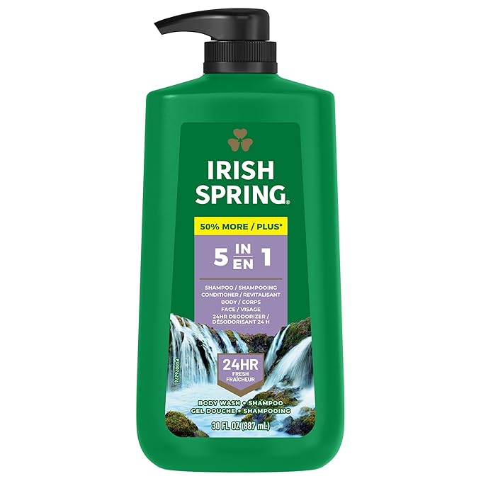 Irish Spring 5 in 1 Body Wash for Men, Men's Body Wash, Smell Fresh and Clean for 24 Hours, Conditions and Cleans Body, Face, and Hair, Made with Biodegradable Ingredients, 30 Oz Pump