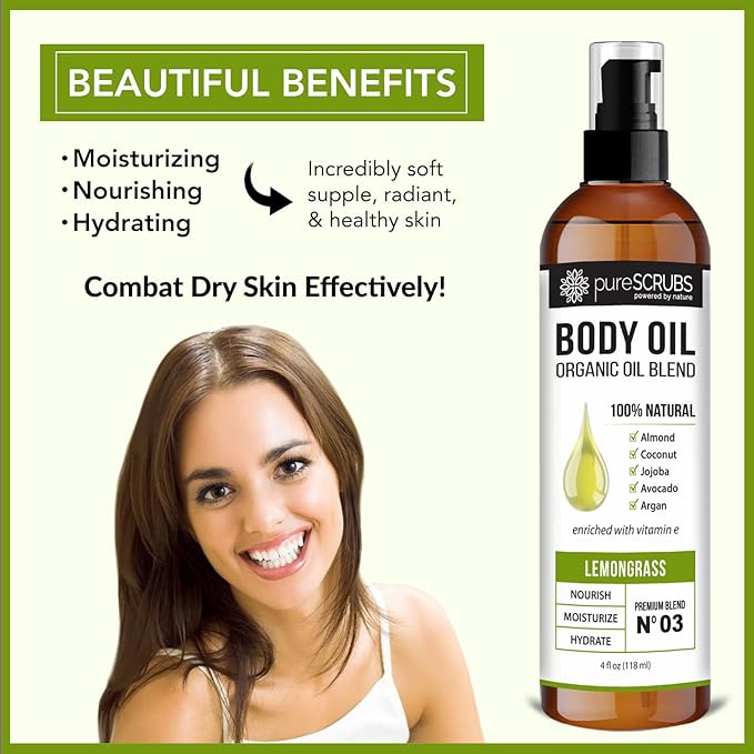 pureSCRUBS Ultra Moisturizing Lemongrass Body Oil Spray for Dry Skin, Massage, & More, Organic Super Blend of Jojoba, Argan, Coconut, Sweet Almond & Avocado Oils Enriched with Vitamin E, Lg 4oz