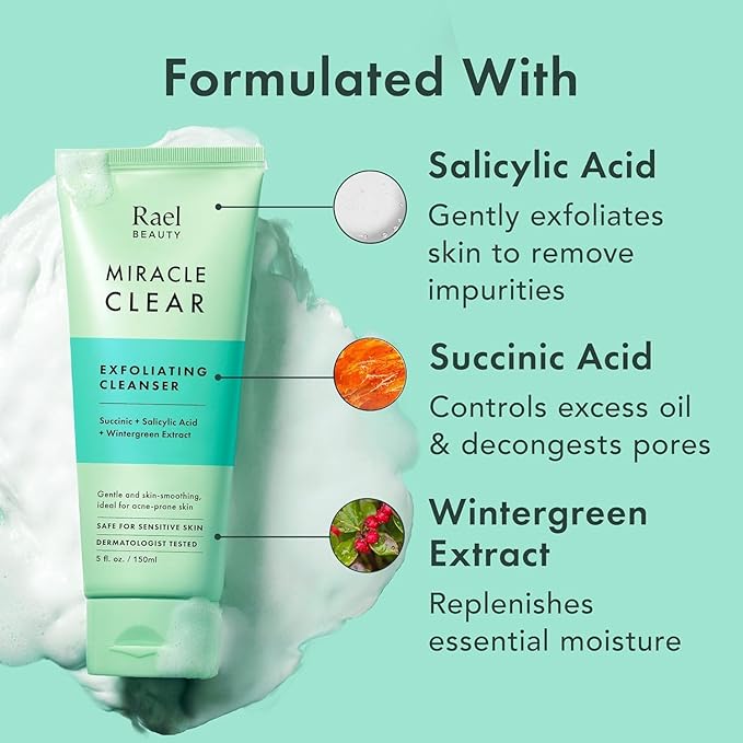 Rael Face Wash, Miracle Clear – Gentle Exfoliating Cleanser with Succinic Acid & Minerals, Korean Skin Care (5 fl oz)