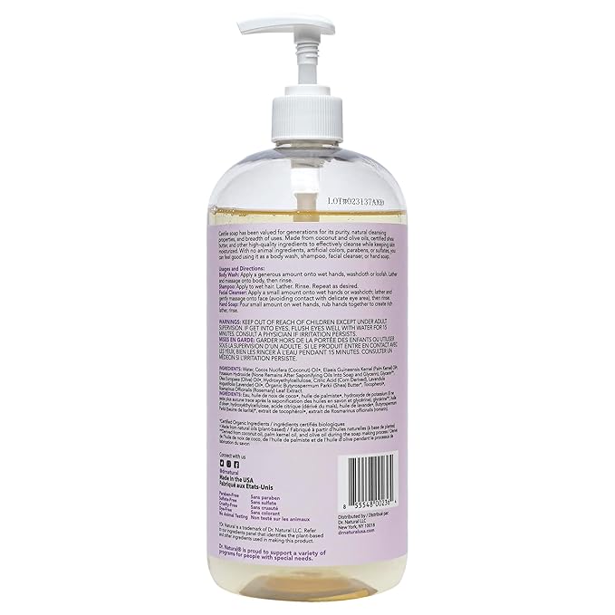 Dr. Natural Castile Liquid Soap, Lavender, 32 oz - Plant-Based - Made with Organic Shea Butter - Rich in Coconut and Olive Oils - Sulfate and Paraben-Free, Cruelty-Free - Multi-Purpose Soap