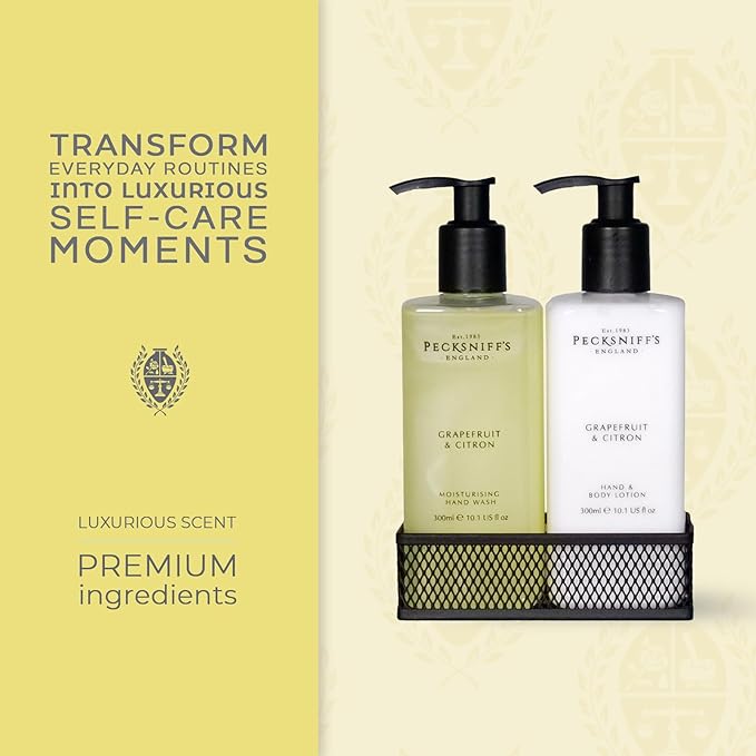 Hand Wash & Body Lotion Caddy Set (Grapefruit & Citron) - 10.1 Fl Oz Each - Gentle Cleanser for Sensitive Skin - Moisturizing & Hydrating Hand Cream - All Natural Cruelty Free Body Wash - Pecksniff’s