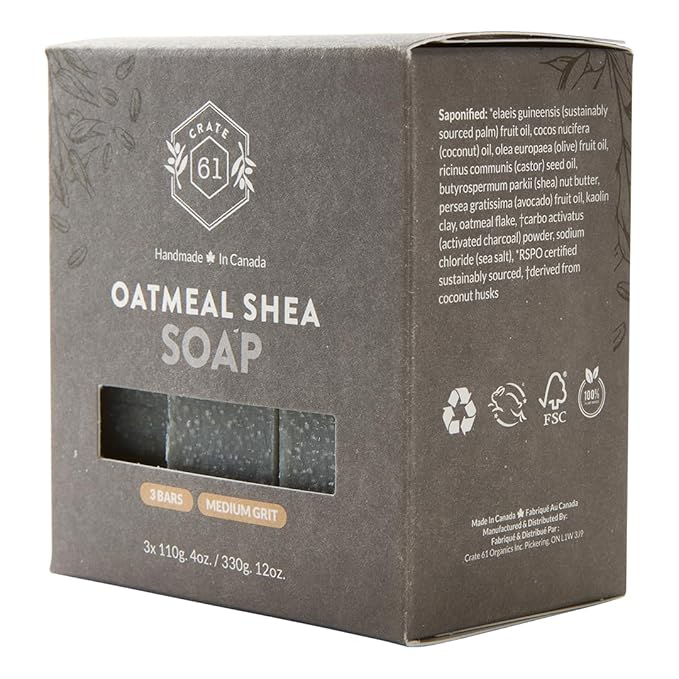 Crate 61 Organics, Handmade in Canada, Plant Based Cold Process Natural Bar Soap For Face & Body, w/Premium Essential Oils, For Men & Women 3 Pack (Oatmeal Shea (Unscented))