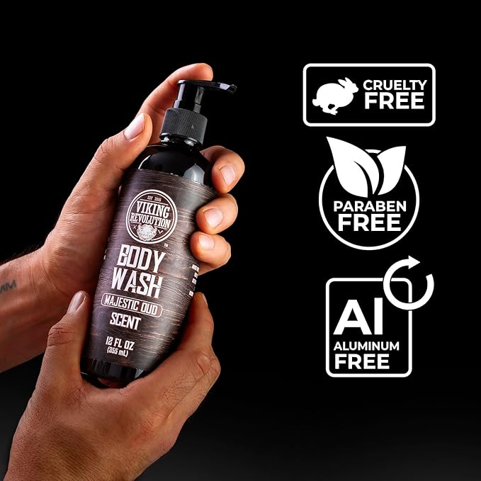Viking Revolution Men's Body Wash - Majestic Oud Mens Body Wash - Mens Natural Body Wash for Men with Vitamin E and Rosemary Oil - Shower Gel Body Wash Men (12 Fl Oz, Pack of 2)