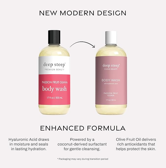 Deep Steep Body Wash, Passion Fruit Guava, 17 oz – Hydrating Shower Gel with Hyaluronic Acid, Shea Butter, Aloe Vera & Argan Oil – Vegan, Clean Beauty, Clean & Refreshed Skin