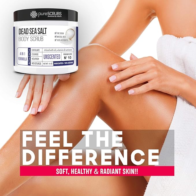 pureSCRUBS Premium Unscented Body Scrub Set - Large 16oz Dead Sea Salt Body Scrub With Infused Essential Oils & Nutrients, Includes Wooden Spoon, Loofah & Oatmeal Exfoliating Bar Soap