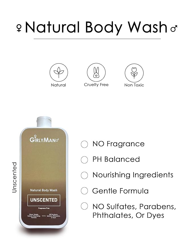 GirlyMan Natural Body Wash - Made with Olive Oil & Aloe Extract, No Artificial Fragrance, PH Balanced, Gentle Formula, Nourishing Ingredients, Family Owned (Unscented)