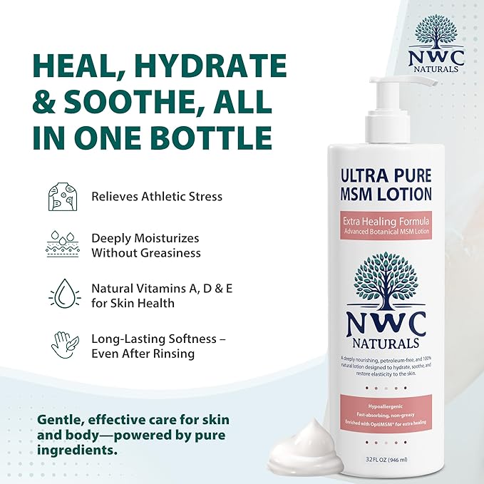 NWC Naturals Ultra-Pure MSM Lotion, All Natural, Hypoallergenic, Extra-Healing, Nourishing Body Lotion 32 Ounces