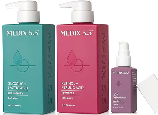 Medix 5.5 Anti Aging Skin Care | Retinol Body Cream + Exfoliating AHA Glycolic Acid Foaming Face & Body Wash + Vitamin F Booster Serum | Wash + Treat + Hydrate Skincare | 3 Piece Set