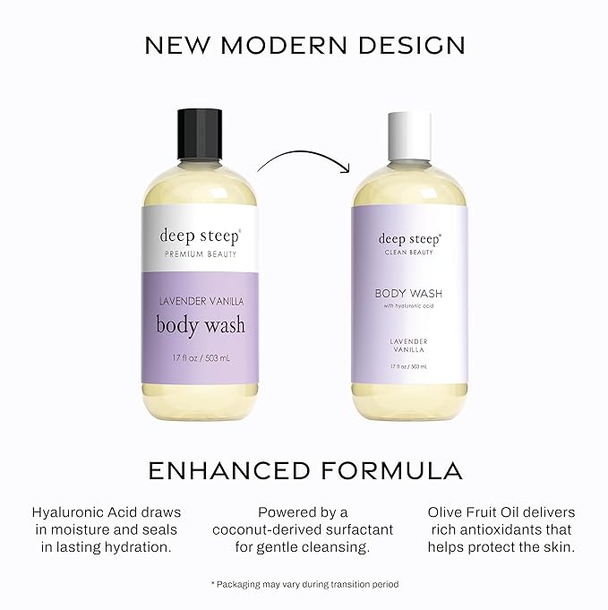 Deep Steep Body Wash, Lavender Vanilla, 17 oz – Hydrating Shower Gel with Hyaluronic Acid, Shea Butter, Aloe Vera & Argan Oil – Vegan, Clean Beauty, Clean & Refreshed Skin