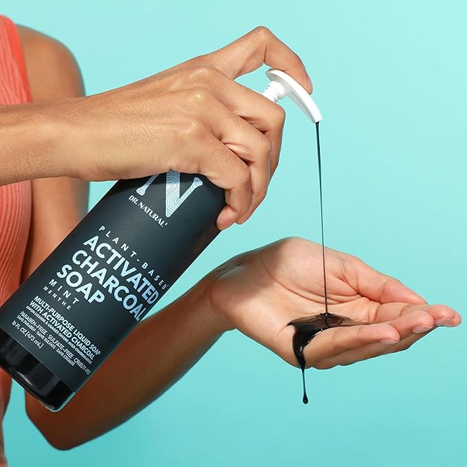 Dr. Natural Activated Charcoal Liquid Soap - Combat Acne and Blemishes - Deep Cleansing Body Wash - Gentle Body Soap for Clear Skin - Mint - 16 oz..
