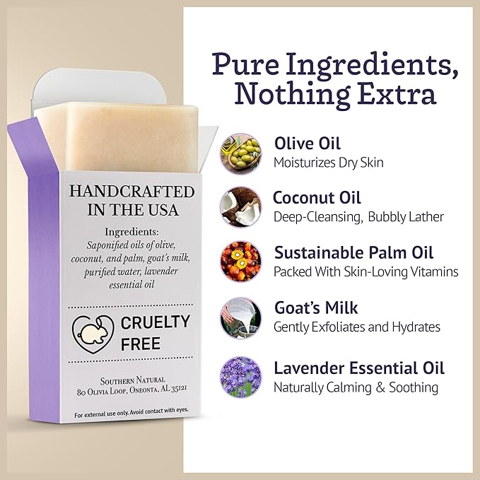 Southern Natural Goat Milk Soap Bar (Lavender 3 Pack) For Dry Sensitive Skin. Natural, Handmade Soap For Men, Women, Kids & Baby. Use On Face & Body