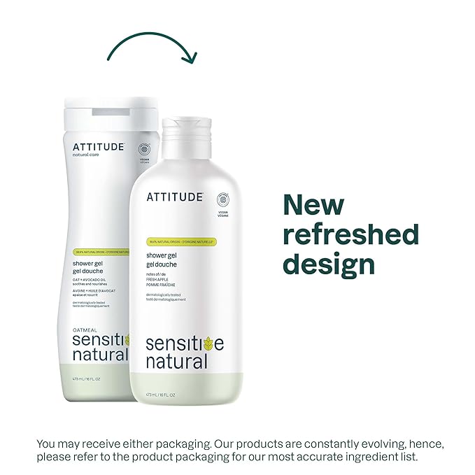 ATTITUDE Body Wash for Sensitive Skin with Oat, EWG Verified, Dermatologically Tested, Vegan, Fresh Apple Scent, 16 Fl Oz