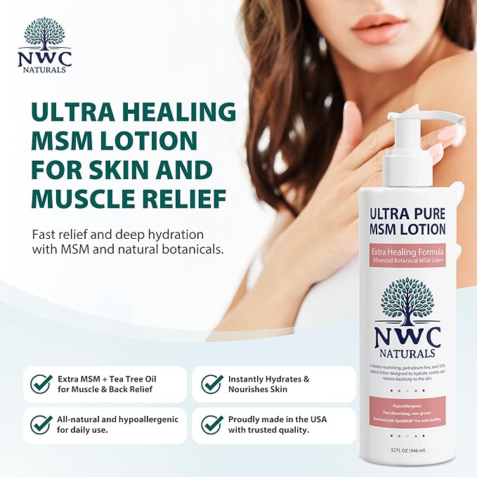 NWC Naturals Ultra-Pure MSM Lotion, All Natural, Hypoallergenic, Extra-Healing, Nourishing Body Lotion 32 Ounces