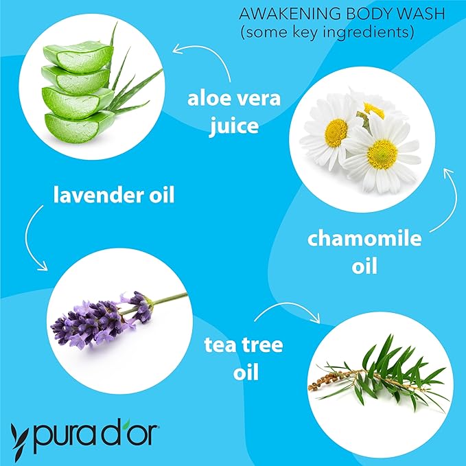 PURA D'OR Awakening Body Wash (16oz x3 = 48oz) Aloe Vera, Chamomile, Lavender, Tea Tree for Invigorating Earthy Scent, pH Balanced for Moisturized Soft, Fresh-Feeling Skin, All Skin Types, Men & Women