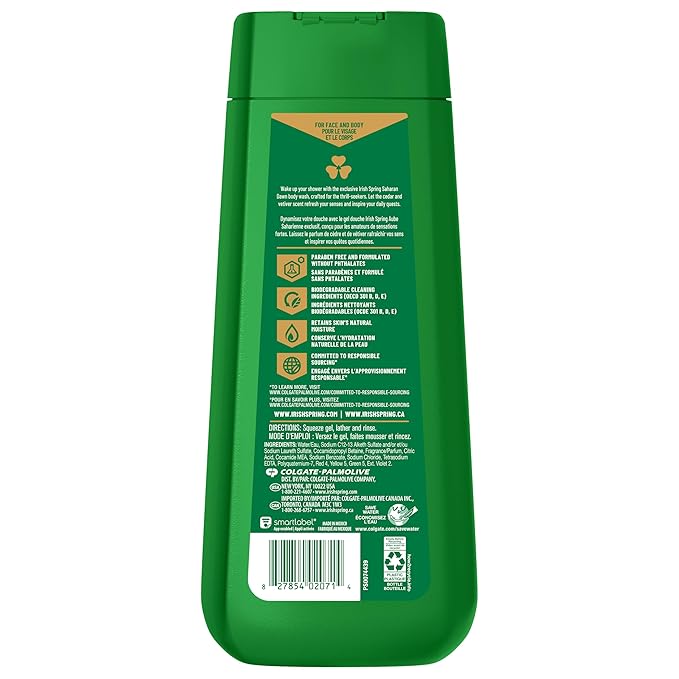 Irish Spring Saharan Dawn Moisturizing Body Wash for Men, 24 Hour Fresh, Face and Body Wash, Paraben Free, Cedar and Vetiver Scent, 20 fl oz Bottle (Pack of 4)