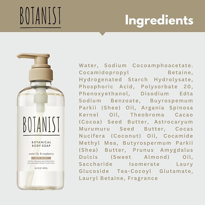 Botanist Body Wash for Dry Skin, Daily Body Cleansing Gel, Deep Moisturizing Body Wash For Sensitive Skin, Shea Butter+Coconut Oil, Sulfate, Paraben & Dye Free, Water Lily & Raspberry,16.5 Fl Oz