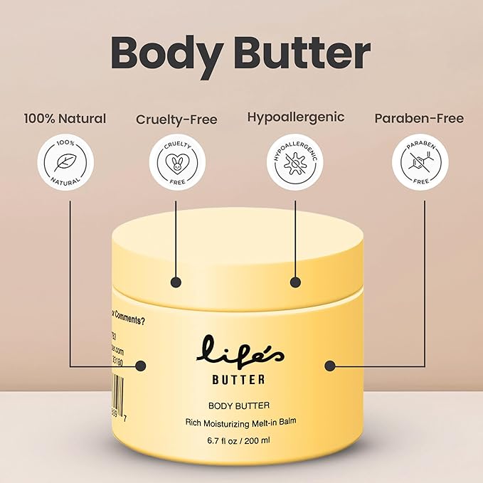 Life's Butter Body Butter – Rich, Non-Greasy Moisturizer with Jojoba, Almond & Argan Oils for Deep Hydration, Nourishing Dry Skin, Firming & Smoothing Arms, Legs & Body – 100% Natural Ingredients