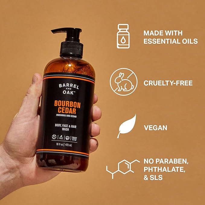 Barrel & Oak All-in-One Wash for Face, Hair, & Body, Vegan & Hydrating Face, Shampoo and Body Wash for Men, Grooming Kit Gifts for Men, Bourbon Cedar, 16 oz