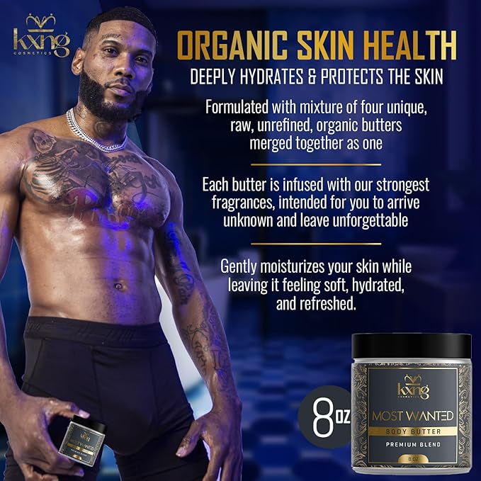 KXNG Cosmetics, Body Butter, Organic Skin Care for Men and Women, Body Moisturizer Lotions and Creams, Raw Shea Butter, Cocoa Butter, Mango, Coconut Oil, Hand, Foot, All Skin Types (Most Wanted XL)