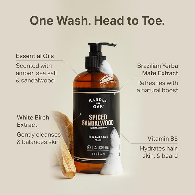 Barrel & Oak All-in-One Wash for Face, Hair, & Body, Vegan & Hydrating Face, Shampoo and Body Wash for Men, Grooming Kit Gifts for Men, Spiced Sandalwood, 16 oz