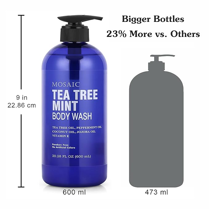 Tea Tree Body Wash with Mint & Shower Gel with Vitamin E for Jock Itch, Eczema, Ringworm, Body Odor, Body Wash Women & Men with Added Body Oils,LARGE 20.2 FL Oz Bottle (Tea Tree Mint, Pack of 2)