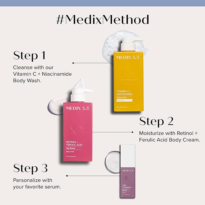 MEDIX Vitamin C Body Wash + Retinol Body Lotion Crepey Skin Moisturizer 2PC Set | Anti Aging Retinol Body Cream + Gel Body Cleanser Skincare Set For Women, Men, & Firmer Looking Skin, 2PC