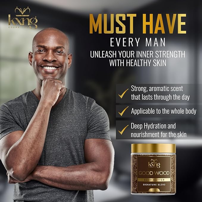 KXNG Cosmetics, Body Butter, Organic Skin Care for Men and Women, Body Moisturizer Lotions and Creams, Raw Shea Butter, Cocoa Butter, Mango, Coconut Oil, Hand, Foot, All Skin Types (Good Wood)