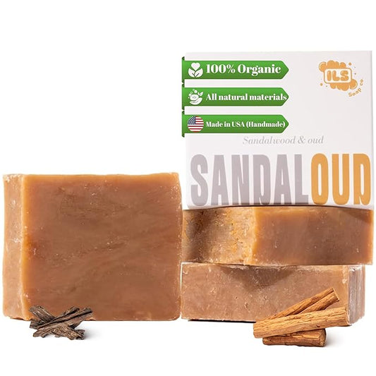 ILS Soap co. SandalOUD (Sandalwood and Oud) - All Natural Bar Soap for men and women - Plant Based, Cold Process and Handmade in the USA for All Skin Types and conditions for face and body (3 Pack)