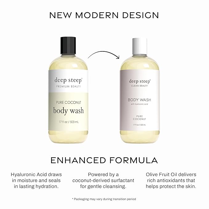 Deep Steep Body Wash, Pure Coconut, 17 oz – Hydrating Shower Gel with Hyaluronic Acid, Shea Butter, Aloe Vera & Argan Oil – Vegan, Clean Beauty, Clean & Refreshed Skin