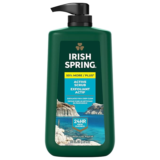 Irish Spring Active Scrub Exfoliating Body Wash for Men, 24-Hour Fresh, Face and Body Wash, Men’s Body Wash, Biodegradable Ingredients, Paraben Free, Cool Fresh Scent, 30 fl oz Pump Bottle