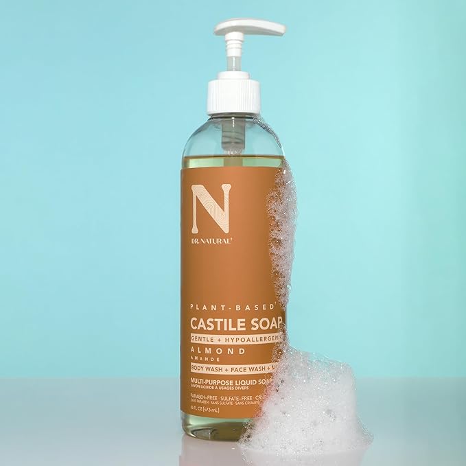 Dr. Natural Castile Liquid Soap - Multi-Use Body Wash, Shampoo and Face Wash - Hydrating Body Soap for Skin, Hair, Pets and Home - Almond - 16 oz