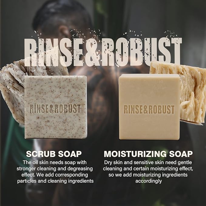 Rinse & Robust Mens Natural Bar Soap 6Pcs Handmade Cleansing Soap Bar Set Moisturizing&Exfoliating Scrub Soap Gifts for Men 6 Different Scents 3.5 oz of 6 Bars