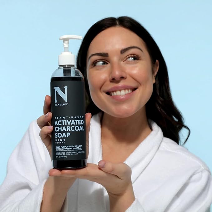 Dr. Natural Activated Charcoal Liquid Soap - Combat Acne and Blemishes - Deep Cleansing Body Wash - Gentle Body Soap for Clear Skin - Mint - 16 oz..