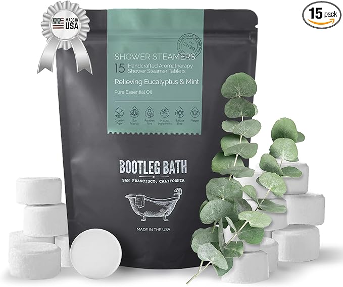 Shower Steamers, Aromatherapy Shower Bomb 15 Pack, Eucalyptus, Great Gift, All Natural, 100% Pure Essential Oil, for Men and Women, Made in USA